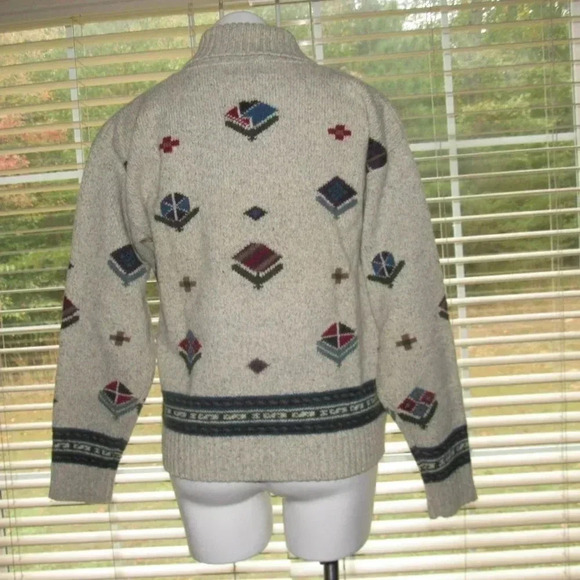 WOOLRICH Vintage 90s Shawl Collar Wool Blend Geometric Knit Sweater Size Large - Picture 4 of 5